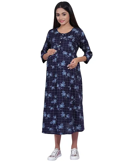 Mamma's Maternity Three Fourth Sleeves Floral Print Maternity Dress - Navy Blue
