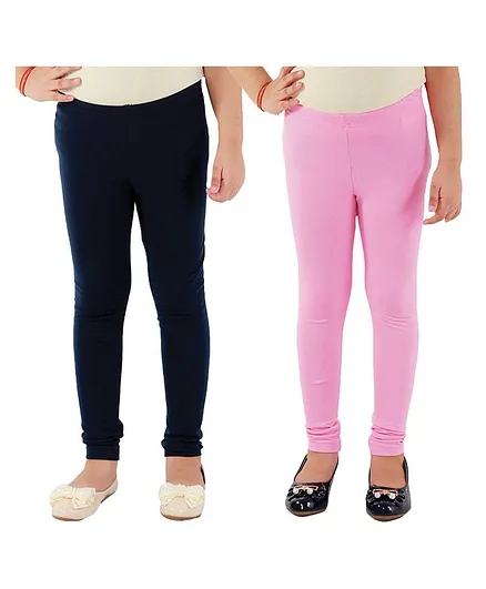Kids Cave Pack Of 2 Full Length Solid Leggings - Blue & Pink