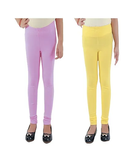 Kids Cave Pack Of 2 Full Length Solid Colour Leggings - Purple & Yellow