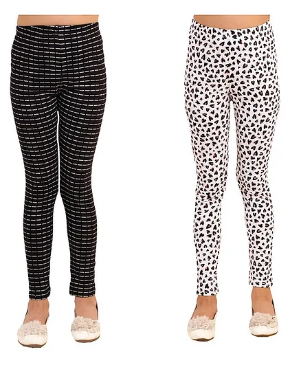 Kids Cave Hearts Printed Ankle Length Pack Of 2 Leggings - Black & White