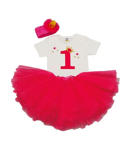 TINY MINY MEE Short Sleeves One Patch Onesie With Tutu Skirt & Headband - Pink