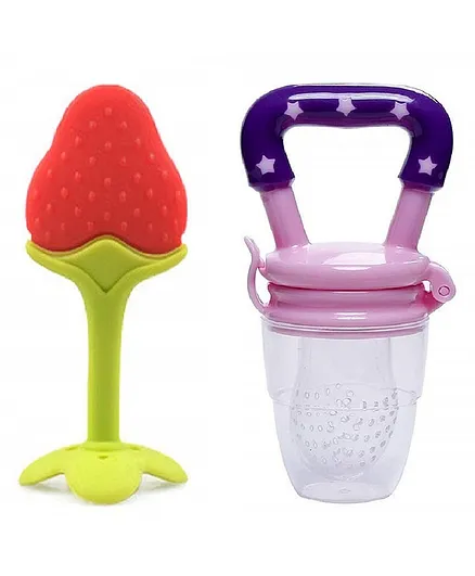 Enorme Silicone Strawberry Fruit Shape Teether With Feeding Nibbler - Multicolour