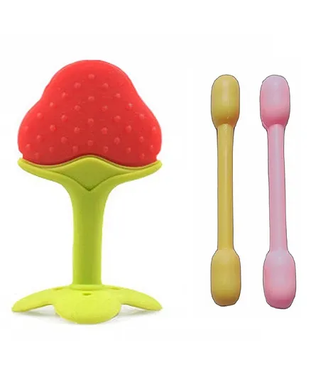 Enorme Silicone Strawberry Fruit Shaped Teether with Dumbler Teether - Multicolour