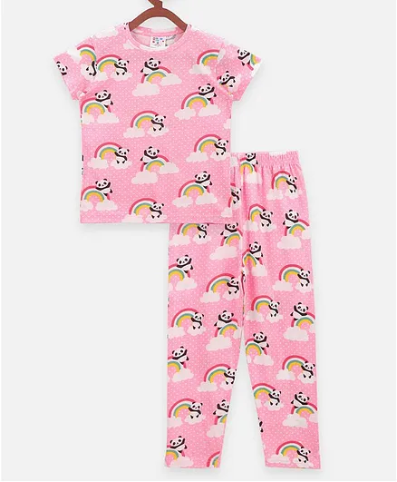 Lilpicks Couture Panda Print Half Sleeves Night Suit - Pink