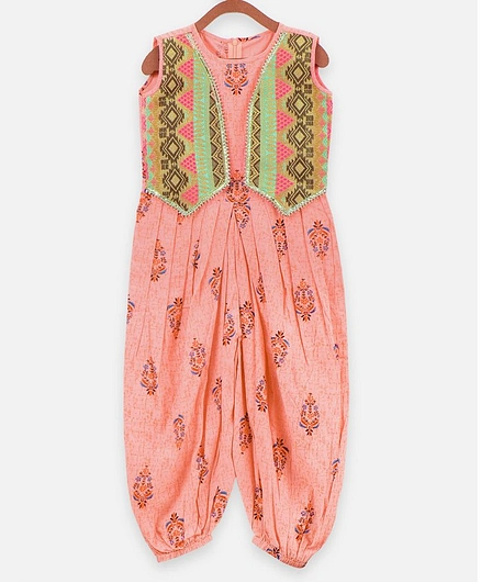 Lilpicks Couture Sleeveless Motif Print Dhoti Style Jumpsuit - Peach