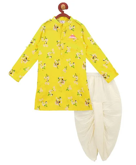 Lilpicks Couture Full Sleeves Floral Print Kurta With Dhoti - Yellow White