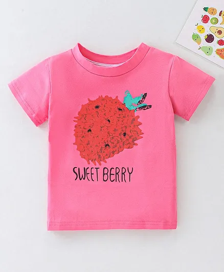 Kookie Kids Half Sleeves Top Strawberry Print - Fushcia