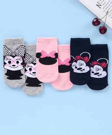 Cute Walk by Babyhug Cotton Blend Ankle Length Anti Bacterial Socks Minnie Mouse Design Pack of 3 - Navy Blue Pink Grey