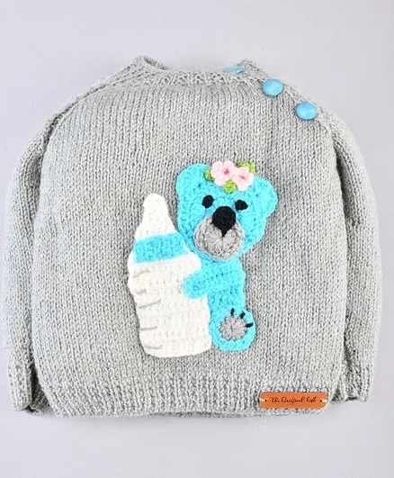 The Original Knit Full Sleeves Cute Teddy Bear Knit Detailing Sweater - Light Grey