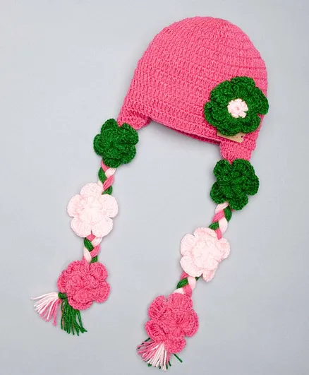 The Original Knit Handmade Flower Braided Cap - Pink