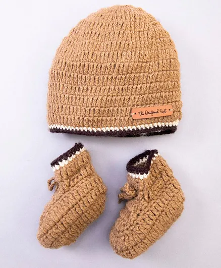 The Original Knit Solid Handmade Cap & Booties - Beige