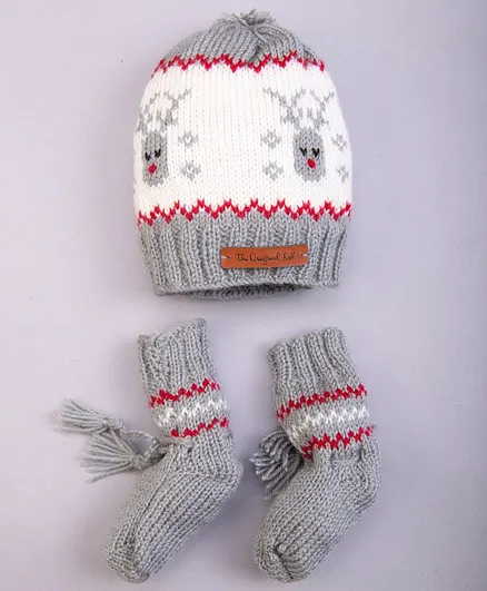 The Original Knit Handmade Reindeer Pattern Cap & Socks - Gery & Off White