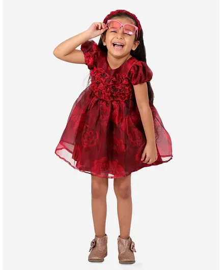 KIDSDEW Cap Sleeves Floral Print Dress - Red