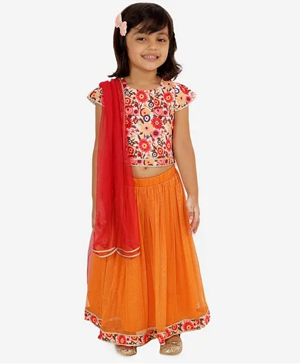 KIDSDEW Cap Sleeves Floral Print Choli With Lehenga & Dupatta  - Orange