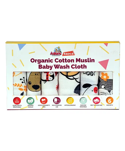 Adore 100% Pure Cotton Muslin Wash Clothes Pack of 6 - Multicolor