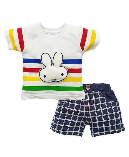 Kooka Kids Short Sleeves Bunny Patch Tee With Checked Shorts - White