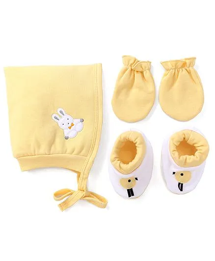 Child World Cap Mittens And Booties Set Rabbit Design - Yellow