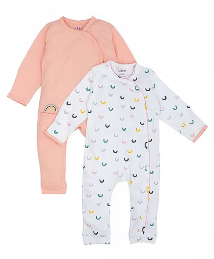 Mi Arcus Cuddle Full Sleeves Rainbow Print Sleep Suit Pack Of 2 - Peach White