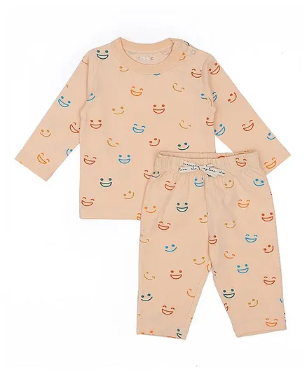 Mi Arcus Unisex Cotton Blend Full Sleeves Smile Print Night Suit Peach