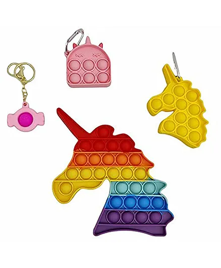 Wishkey Unicorn Shaped Pop Bubble Stress Relieving Silicone Pop It Fidget Toy And Keychain Pack Of 4 - Multicolour