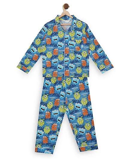 Fluffalump Full Sleeves Monster Party Print Night Suit - Blue
