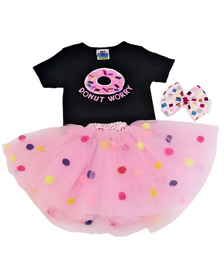 TINY MINY MEE Short Sleeves Donut Printed  Onesie With Pom Pom Tutu Skirt & Bow Headband - Black & Light Pink