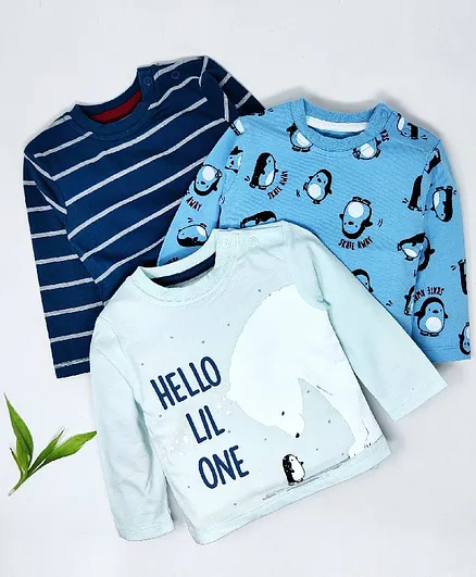 The Boo Boo Club Full Sleeves Striped & Penguin Print Pack Of 3 Tee - Blue