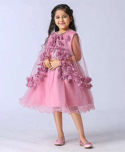 Mark & Mia Sleeveless Party Frock Embellished with Flowers Applique - Pink