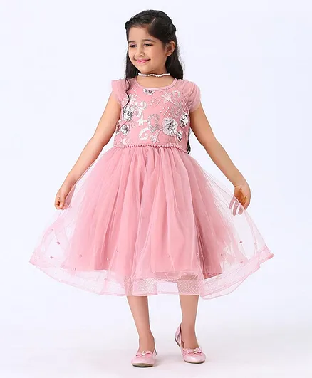 Mark & Mia Short Sleeves Knee Length Shimmered Frock With Pearl Beads - Pink