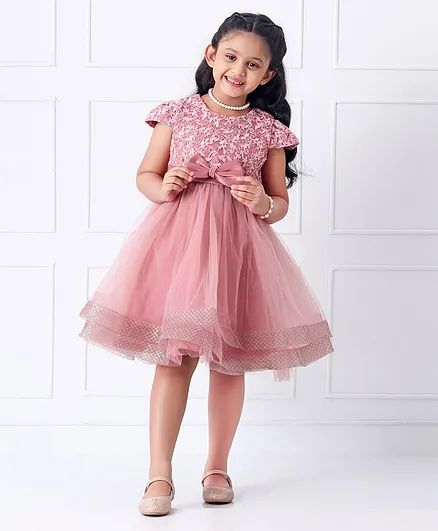 Mark & Mia Half Sleeves Knee Length Shimmered Frock With Bow - Pink