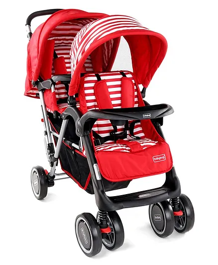 Babyhug Twinster Easy Foldable Twin Stroller with Adjustable Legrest - Red