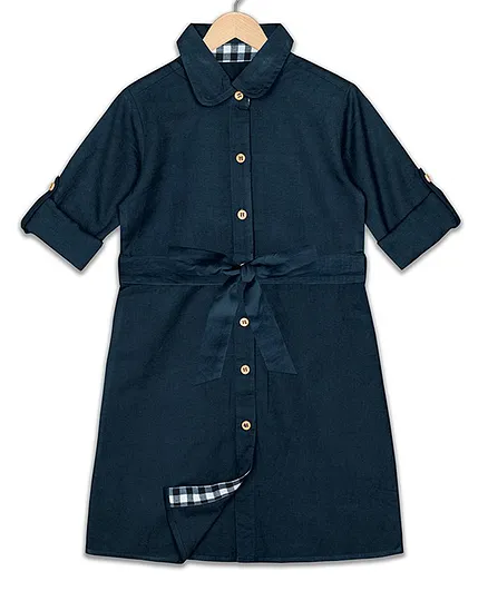 Olele Three Fourth Sleeves Solid Shirt Style Dress - Blue