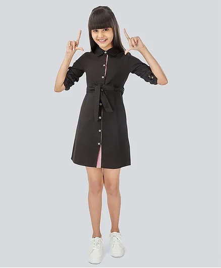 Olele Three Fourth Sleeves Solid Shirt Style Dress - Black