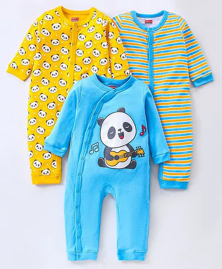Babyhug 100% Cotton Full Sleeves Rompers Stripes & Panda Print Pack of 3 - Blue Yellow
