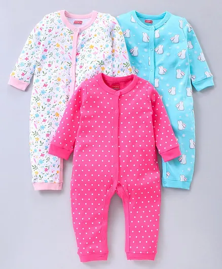 Babyhug 100% Cotton Full Sleeves Rompers Multi Print Pack of 3 - Blue Pink White