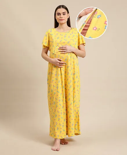 Bella Mama Half Sleeves Maternity & Nursing Nighty Floral Print - Yellow