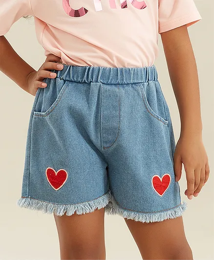 Kookie Kids Mid Thigh Washed Shorts Heart Patch - Blue