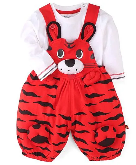 WOW Clothes Tiger Print Dungaree With T-Shirt - Red & White