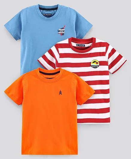 Pine Kids Biowashed Half Sleeves T-Shirt Solid & Striped Print Pack of 3 - Orange Blue Red