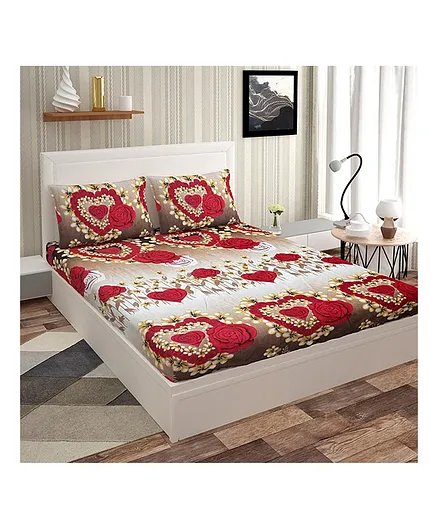 Skap Double Bedsheet Red Heart Print With 2 Pillow Covers - Multicolour