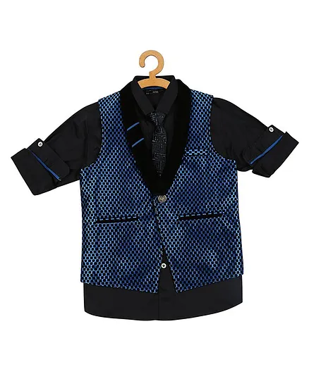 Actuel Boys Full Sleeves Shirt With Checked Waistcoat - Blue & Black
