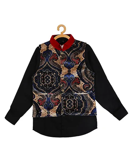 Actuel Boys Full Sleeves Shirt With Printed Waistcoat - Black & Beige