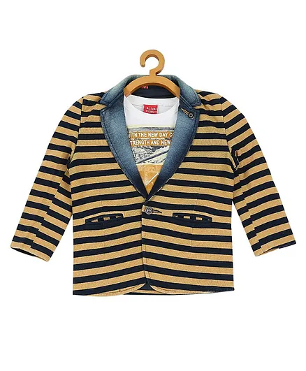 Actuel Printed Tee With Striped Full Sleeves Blazer - Mustard