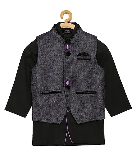 Actuel Solid Jute Nehru Jacket With Full Sleeves Shirt- Black