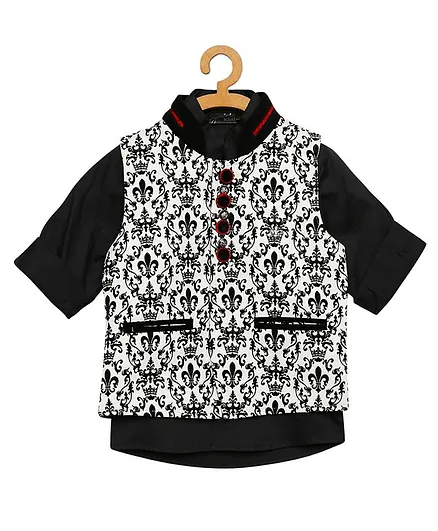 Actuel Full Sleeves Solid Shirt With Printed Nehru Waistcoat - White Black