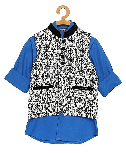 Actuel Full Sleeves Solid Shirt With Printed Nehru Waistcoat - White Black Blue