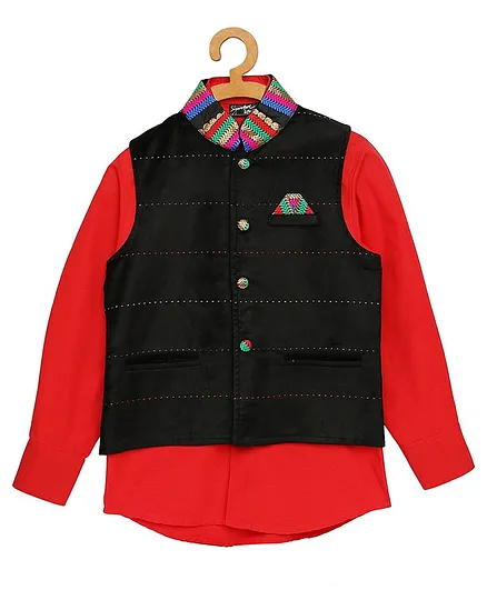 Actuel Full Sleeves Solid Full Sleeves Shirt With Nehru Waistcoat - Black  Red