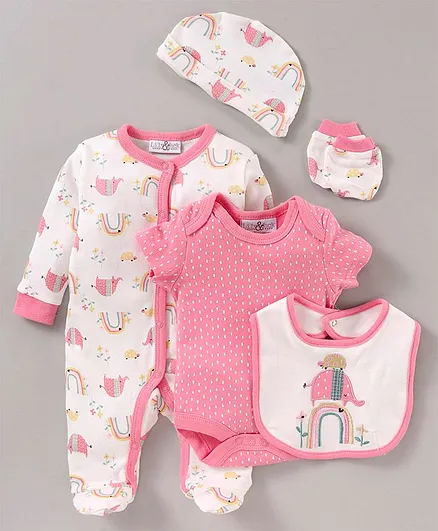 Lily and Jack Sleepsuit with Onesie Bib Cap and Mittens Polka Dot Print - Pink
