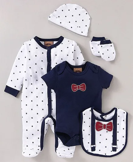 Little Gent Full Sleeves Nightwear Set Star Print - White Blue