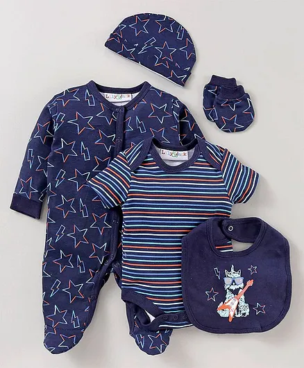 Lily and Jack Sleepsuit with Onesie Bib Cap and Mittens Star Print - Navy